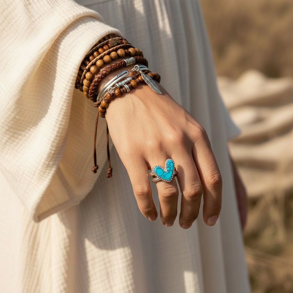 Anillo ajustable Plateado Corazón Turquesa