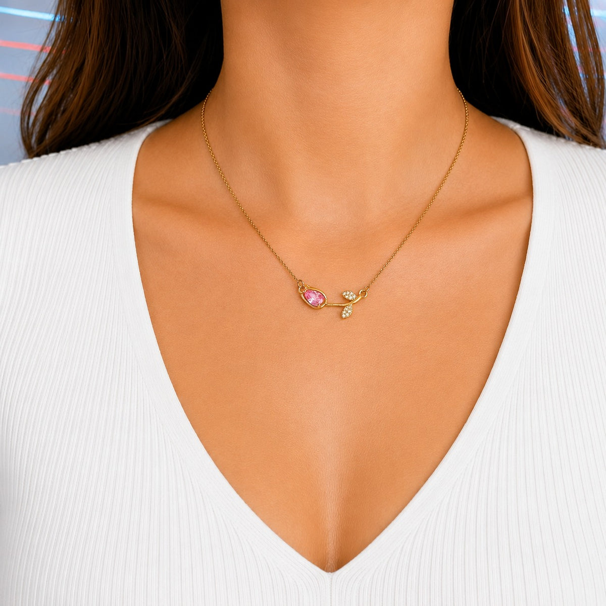 Collar Flor Tulipán Dorada pistilo Rosado