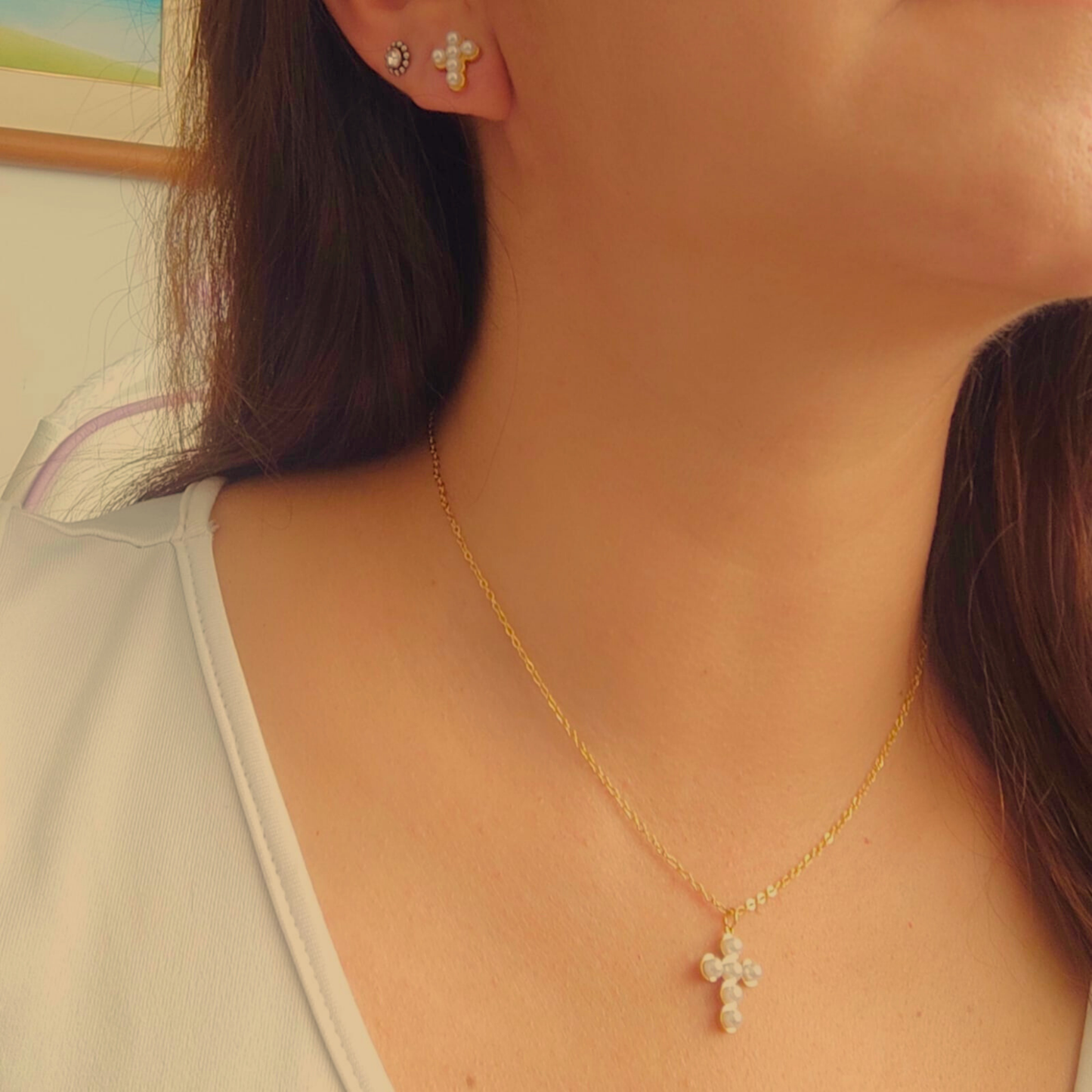 Collar para mujer cruz perlas