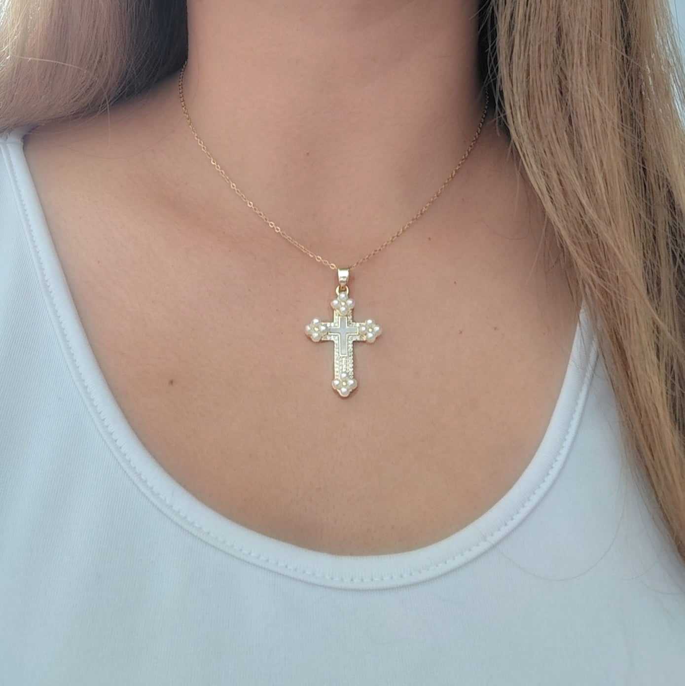 caden con cruz para mujer perlas