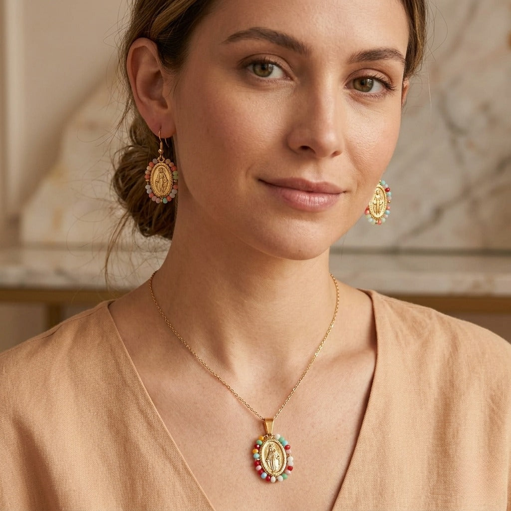 Cadena Virgen María Medalla Milagrosa Dorada Muranos pequeños & Aretes