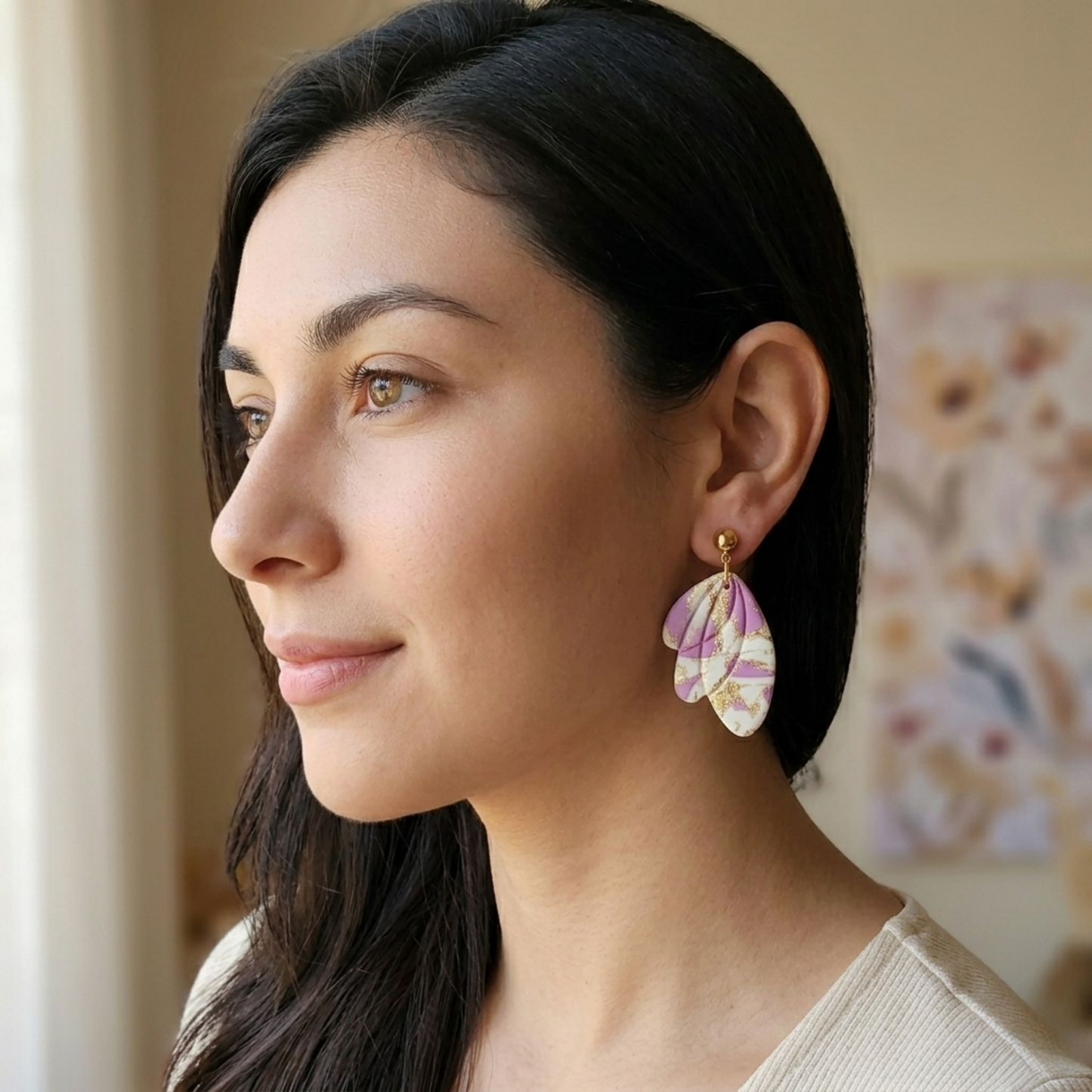 Aretes Artesanales Hojas Mármol Lila en Arcilla Polimérica | Diseño Exclusivo BWK