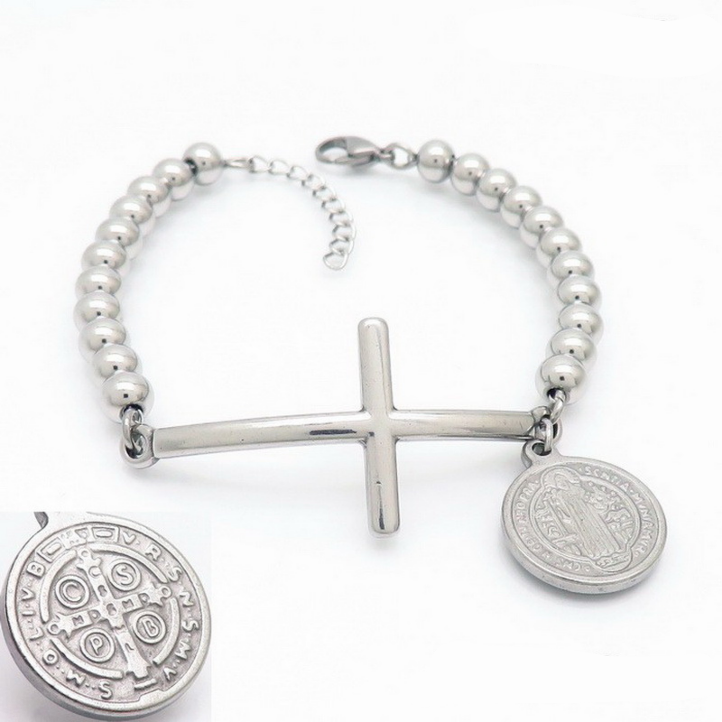 Pulsera religiosa plateada para mujer