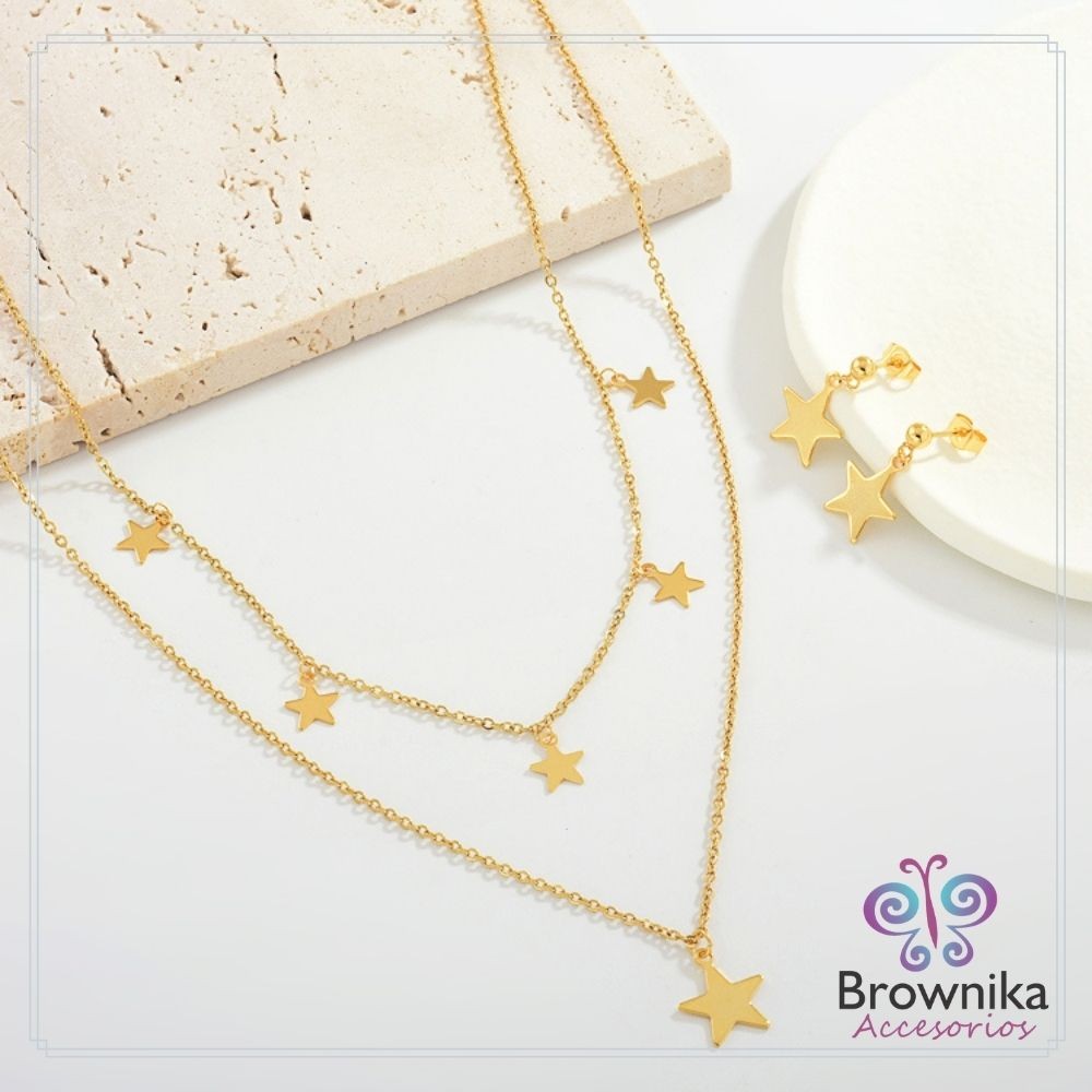 Cadena Doble Estrellas Doradas & Aretes