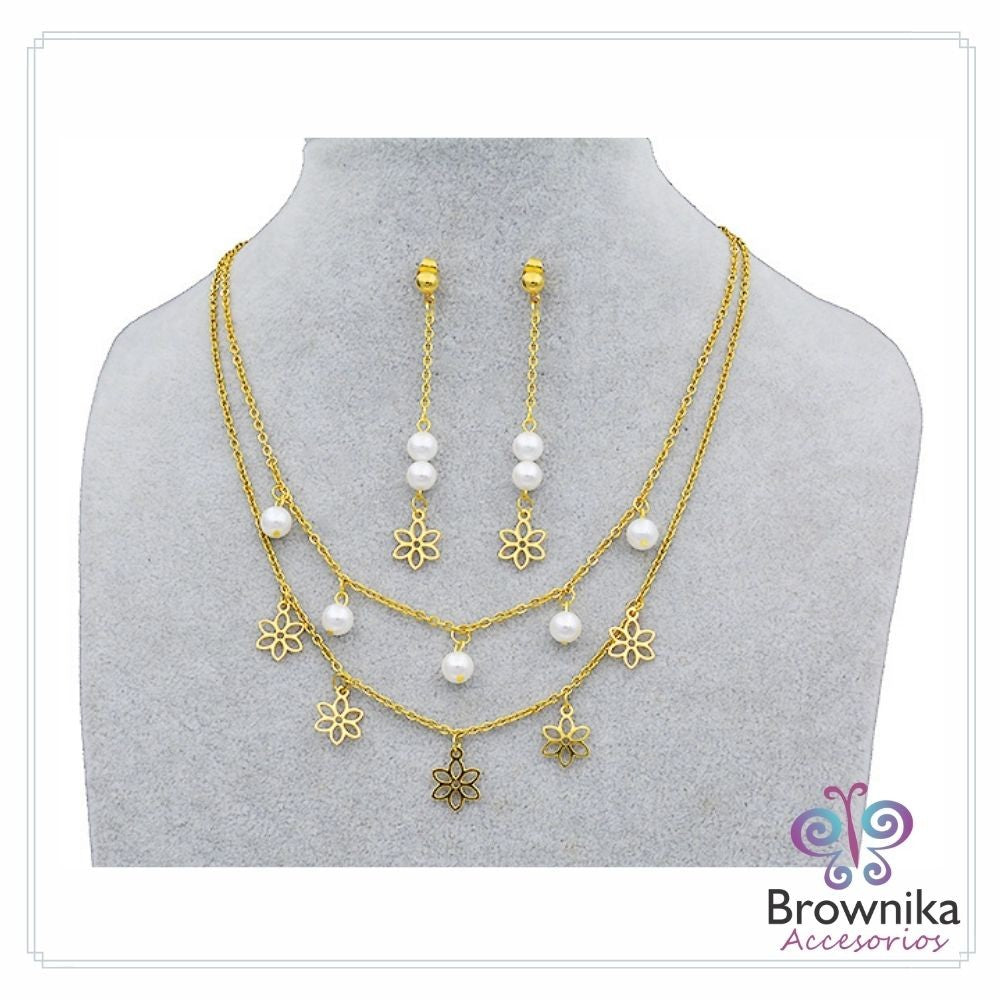 Cadena Doble Flores y Perlas & Aretes