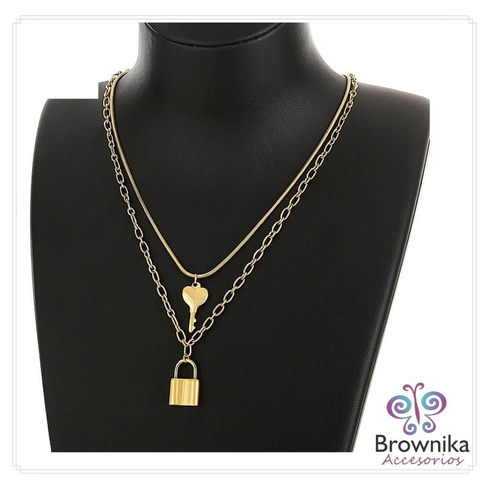 Cadena Doble Llave y Candado Dorada & Topos