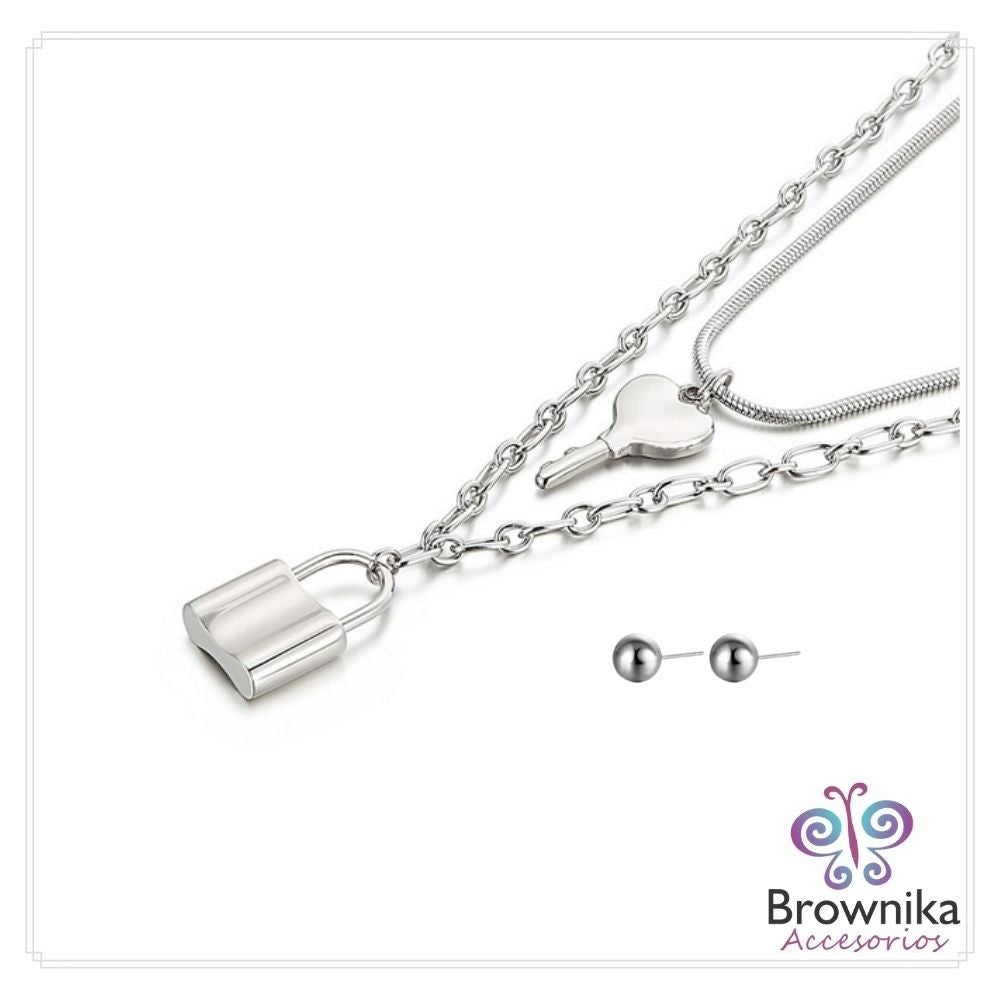 Cadena Doble Llave y Candado Plateada & Topos
