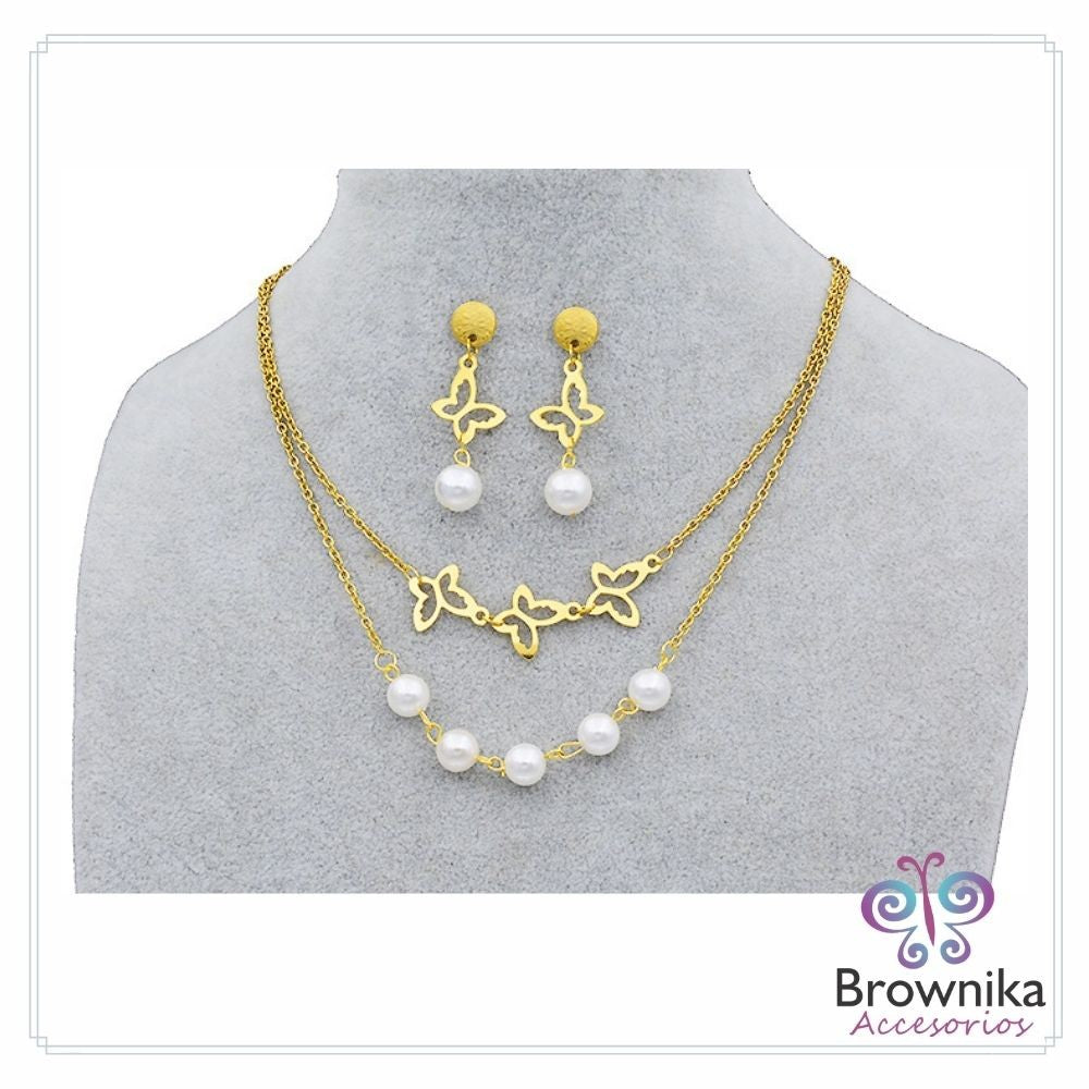 Cadena Doble Mariposas y Perlas & Aretes