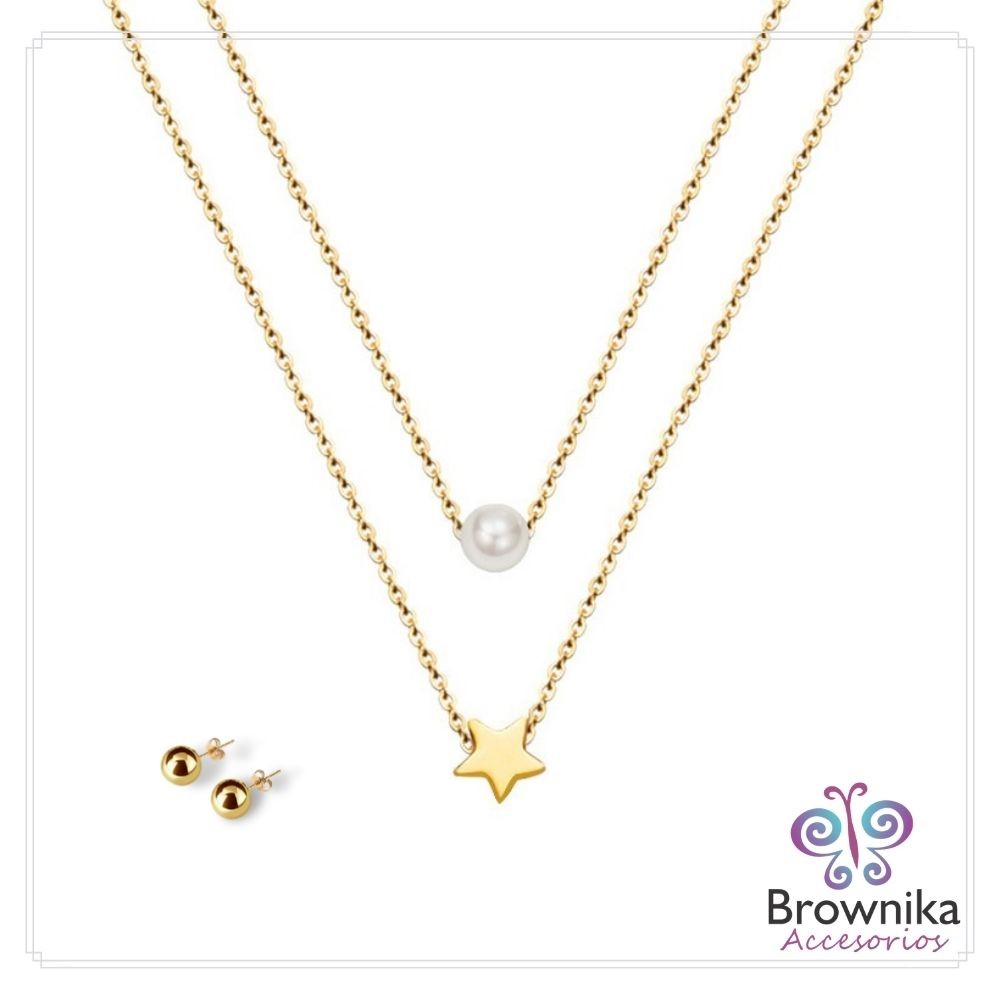 Cadena doble Minimalista Perlita, Estrella & Topos