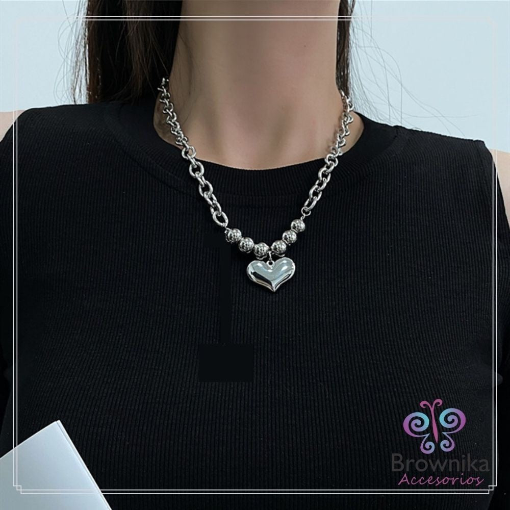 Cadena Gruesa Corazón Plateada & Topos