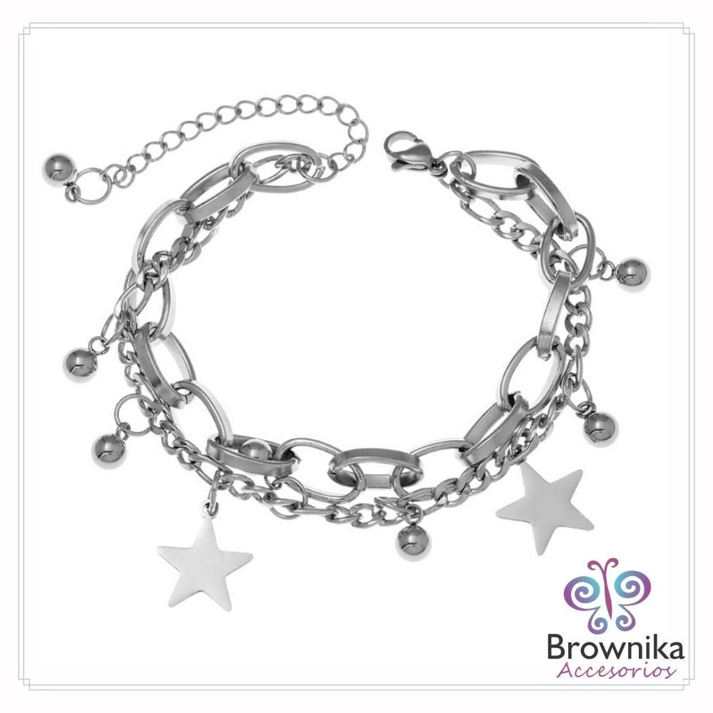 Pulsera Estrellas Doble Cadena Plateada