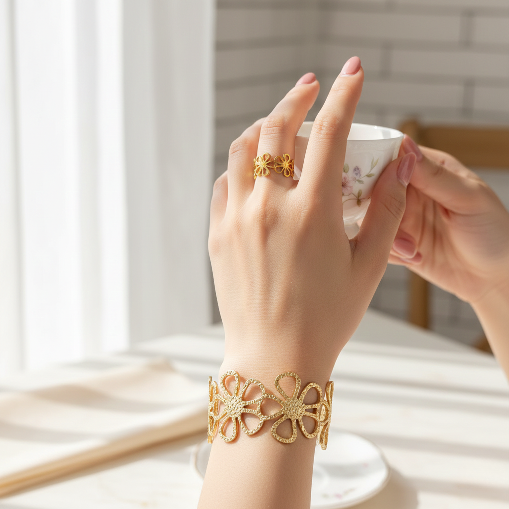 Set Brazalete + Anillo ajustable Dorado Floral Diosa Griega