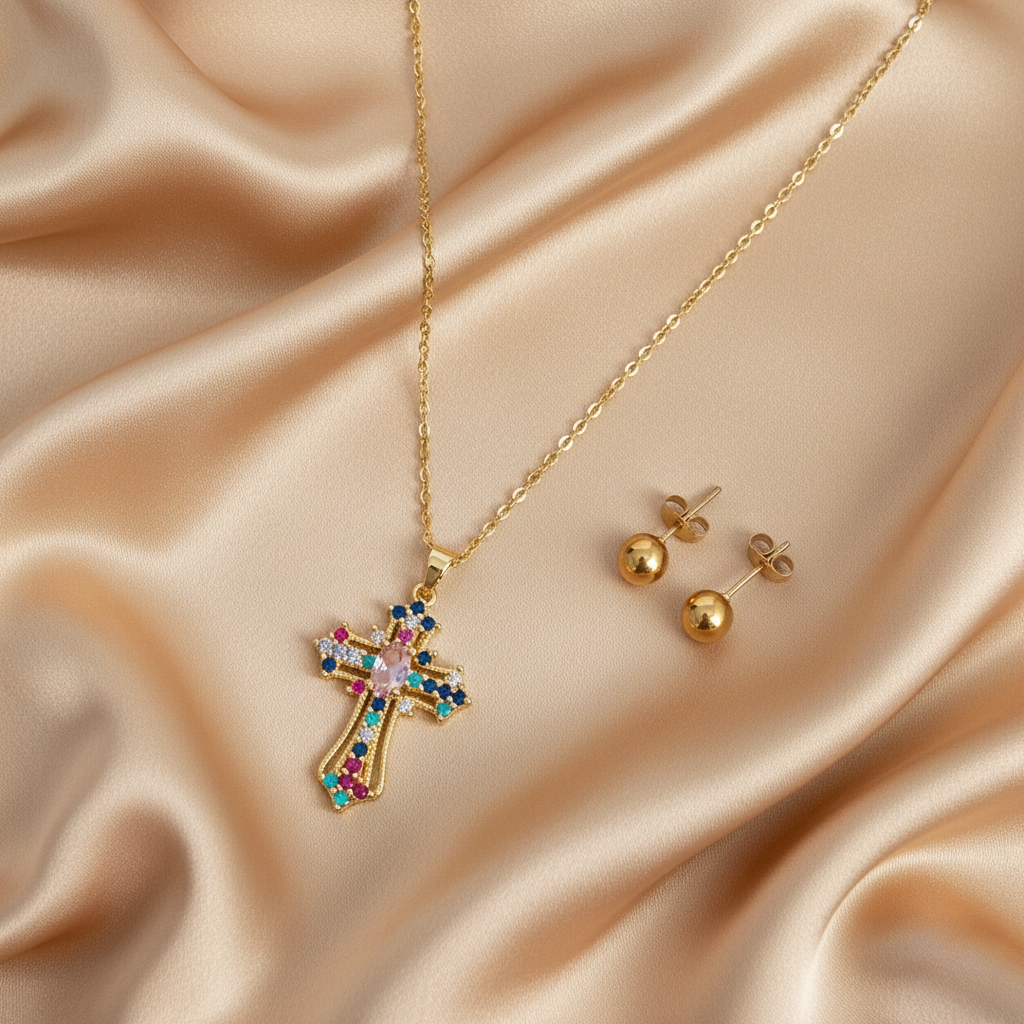 Cadena para mujer  con cruz y topos