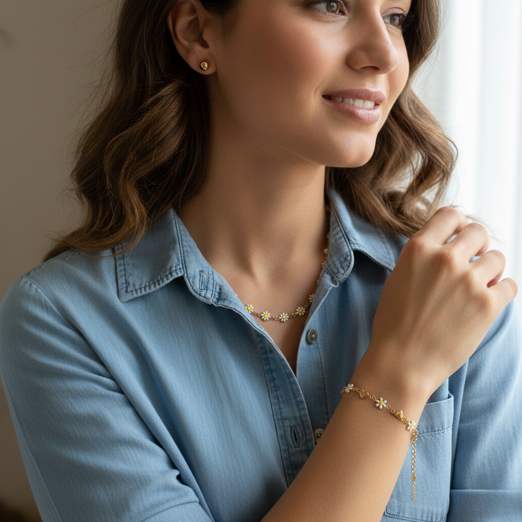 Set Collar y Pulsera Margaritas Mujer + Aretes Dorados