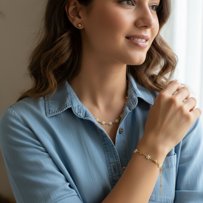 Set Collar y Pulsera Margaritas Mujer + Aretes Dorados