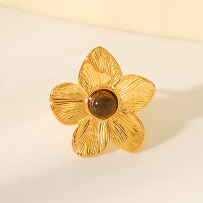 Anillo ajustable Dorado Flor de Cerezo con piedra Ojo de Tigre