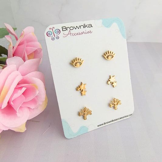 Set de aretes mini dorados en acero quirúrgico 316L para mujer – ojo, estrella y árbol de la vida