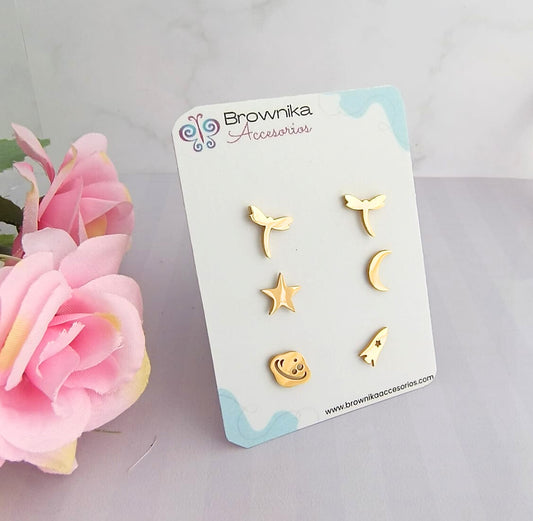 Set de aretes dorados en acero quirúrgico 316L para mujer – libélula, luna y estrella,  cohete y planeta