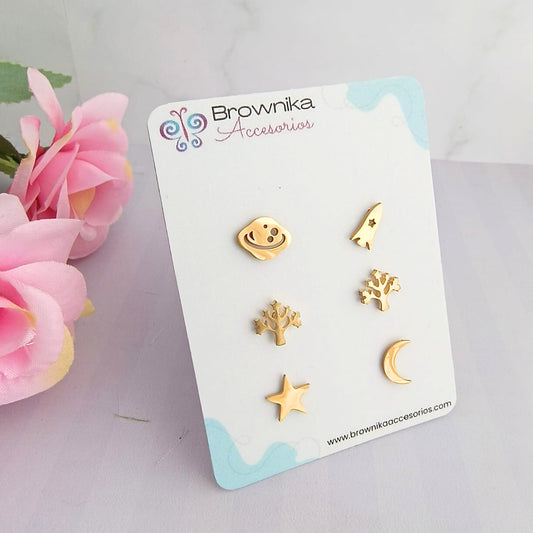 Set de aretes dorados en acero quirúrgico 316L para mujer –  árbol de la vida, cohete y planeta, estrella y luna