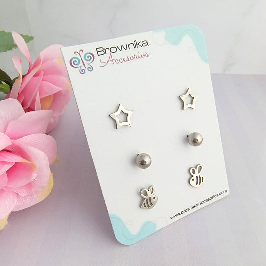 Set de aretes plateados en acero quirúrgico 316L para mujer – estrella, bolita y abeja