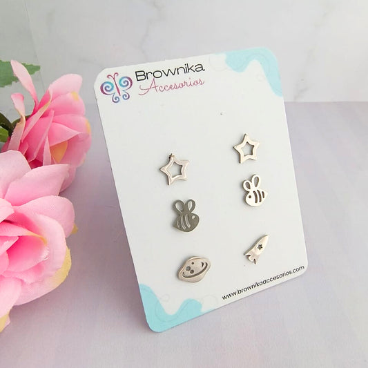 Set de aretes plateados s en acero quirúrgico 316L para mujer – estrellas, abeja, cohete y planeta