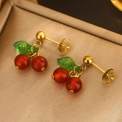 Aretes Cereza en Acero Inoxidable | Baño Oro 18k