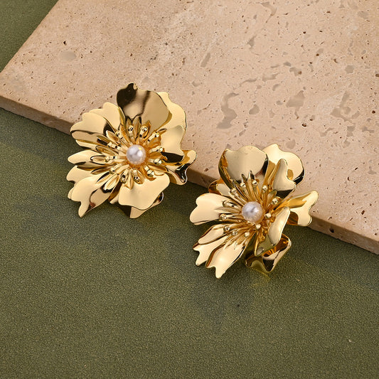 Topos Flor Dorada con Perla Central – Acero Inoxidable Baño Oro 18k