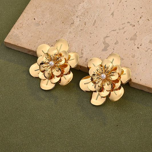 Topos Flor Dorada con Perla Central – Acero Inoxidable Baño Oro 18k