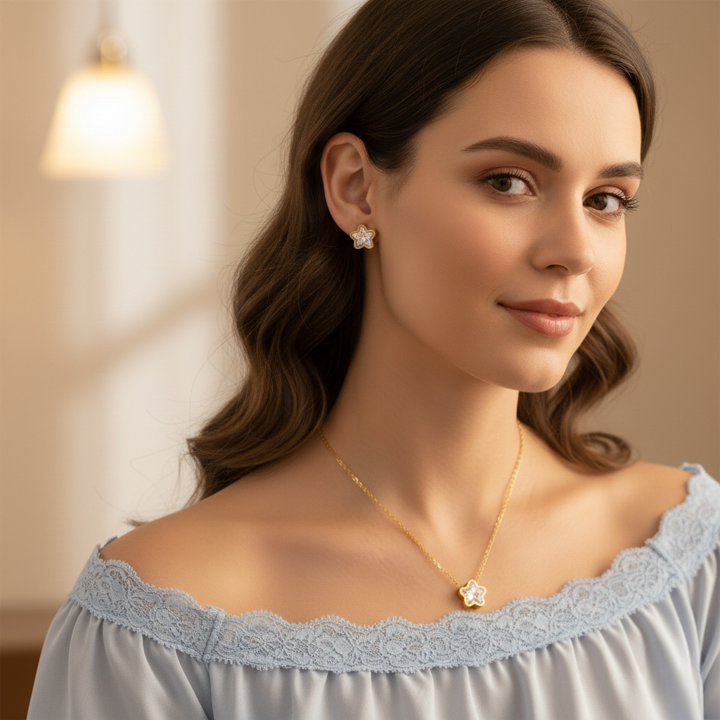Set Collar y Aretes Estrella Blanca en Acero Inoxidable año Oro 18K