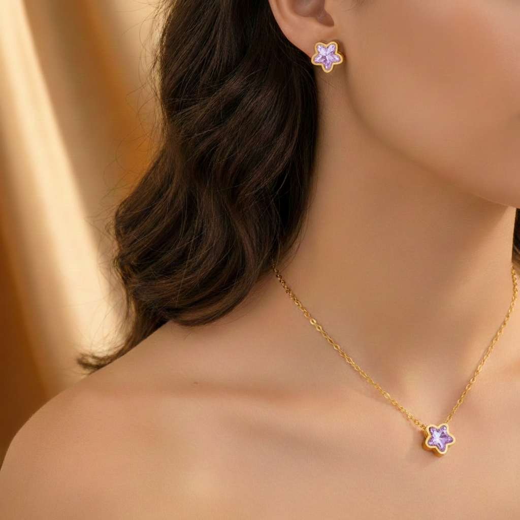 Set Collar y Aretes Estrella Lila en Acero Inoxidable año Oro 18K