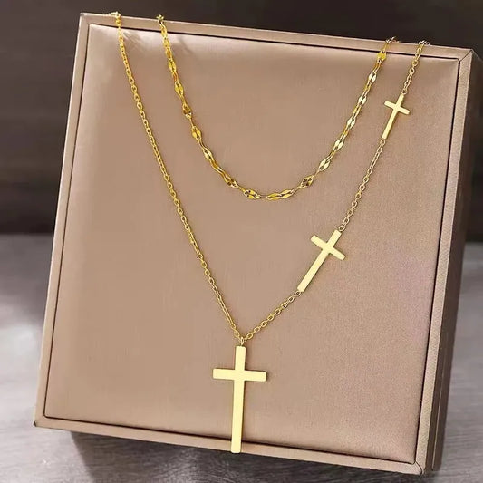 Collar doble Tres Cruces Doradas