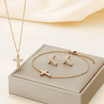 Set de Joyería de Cruz Doradas con Circones – Collar, Pulsera y Aretes en Acero Inoxidable 18K