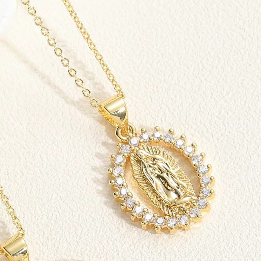 Collar Virgen de Guadalupe & Aretes con Circones Blancos Brillantes.