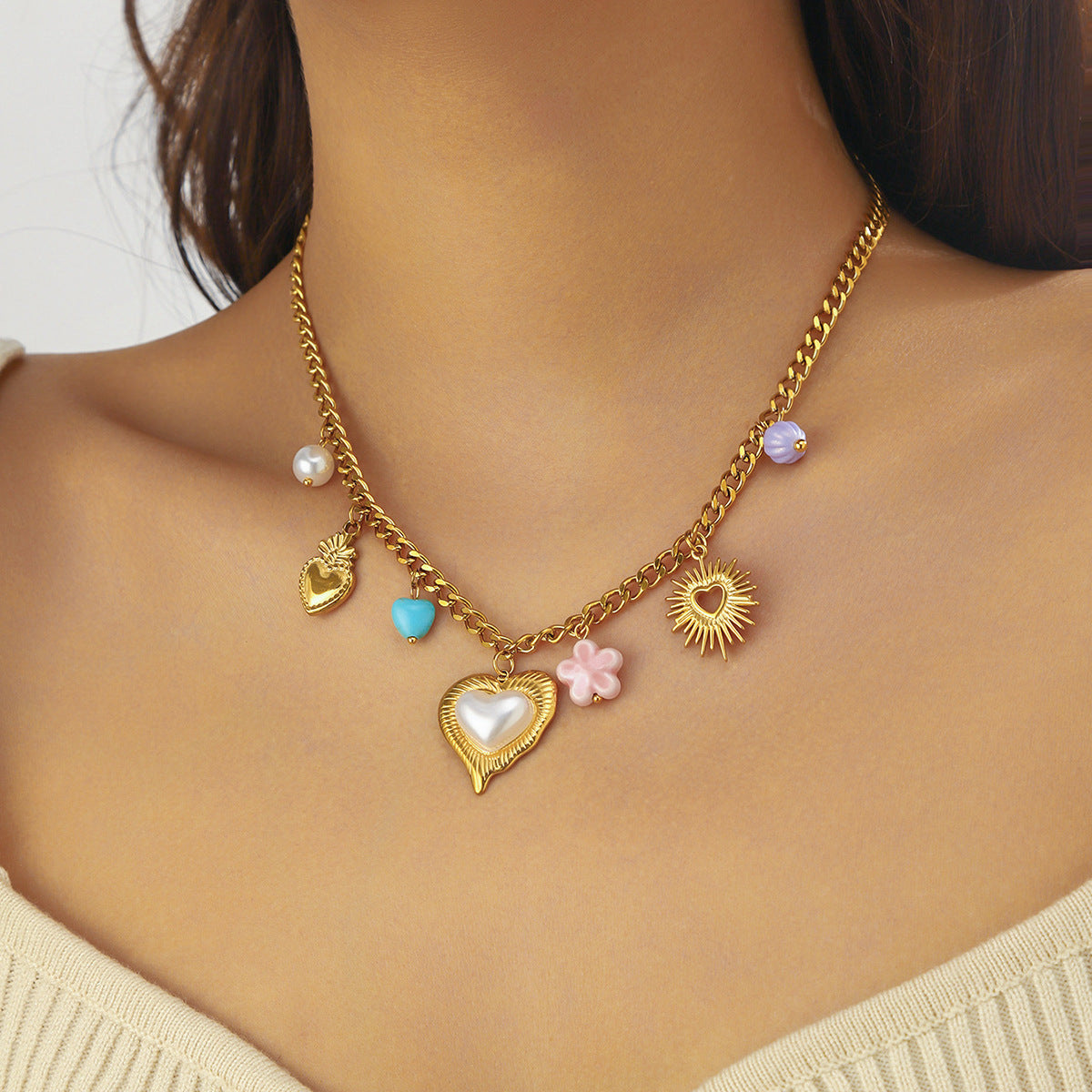 Collar Multidijes Corazones Perlas Flores