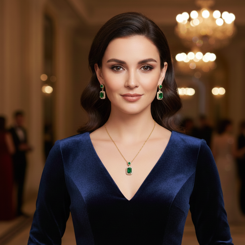 Collar y Aretes Mujer Circonita Verde Tipo Esmeralda con Incrustaciones Elegantes