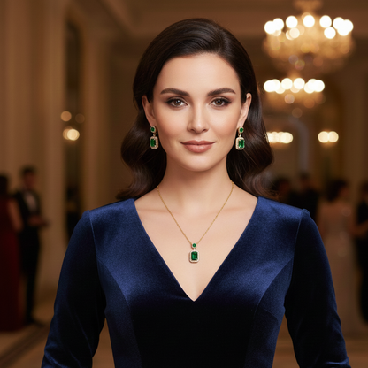 Collar y Aretes Mujer Circonita Verde Tipo Esmeralda con Incrustaciones Elegantes