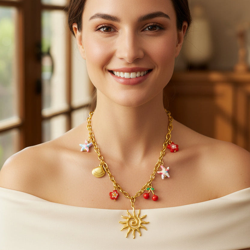 Collar Multidijes Sol Concha Cereza (Charm Verano) + Topos