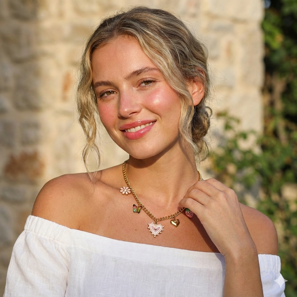 Collar Multidijes Corazón Fresa Flor (Charm Frutal) + Topos