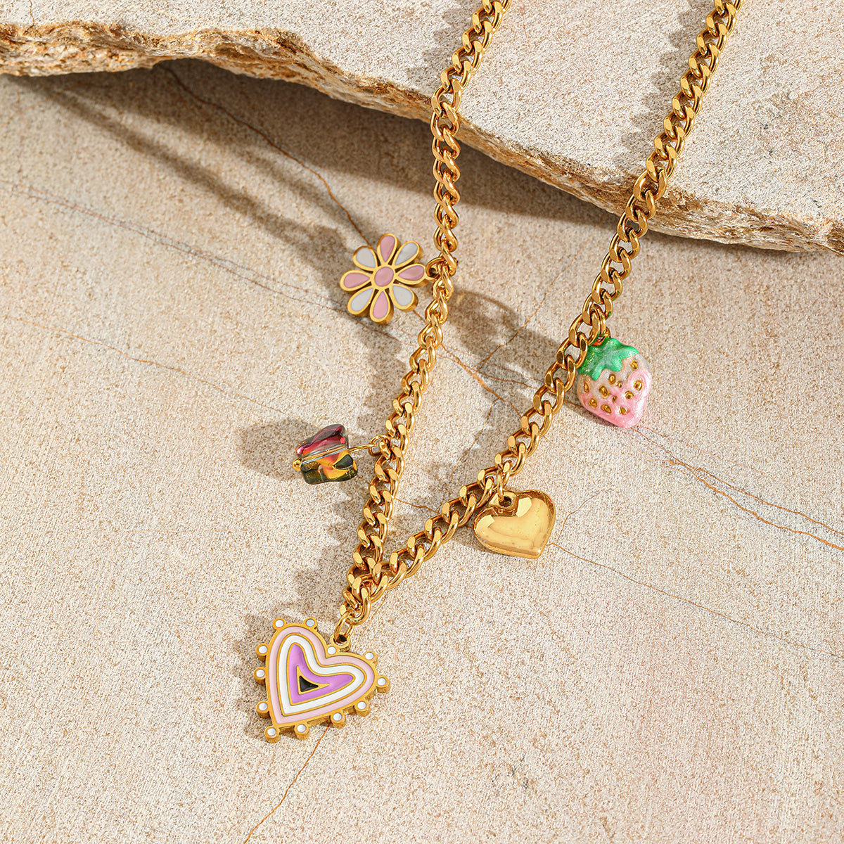 Collar Multidijes Corazón Fresa Flor (Charm Frutal) + Topos