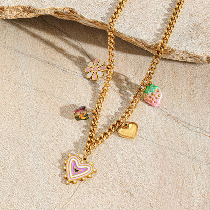 Collar Multidijes Corazón Fresa Flor (Charm Frutal) + Topos