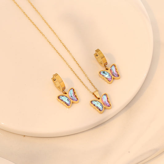 Collar y Aretes Mariposa Purpura en Acero Inoxidable 304 Chapado en Oro