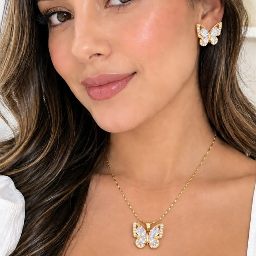 Set Collar & Aretes Mariposa incrustaciones circones brillantes
