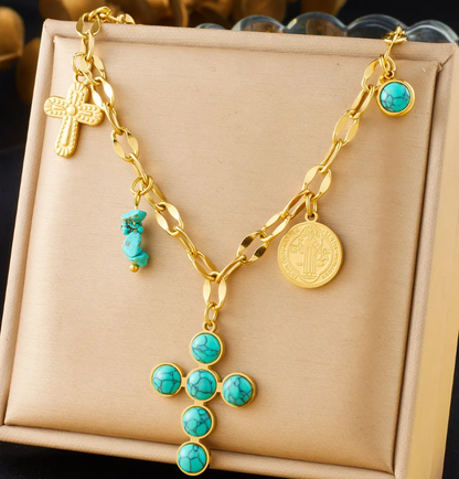 Collar Religioso con Medalla de San Benito y Cruz Turquesa