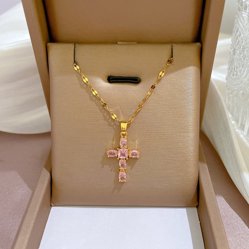Collar Cruz Dorada con Circones Rosados & Topos