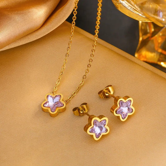 Set Collar y Aretes Estrella Lila en Acero Inoxidable año Oro 18K