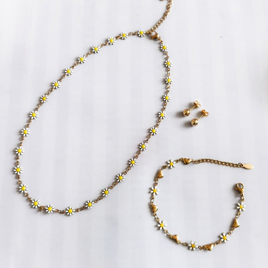 Set Collar y Pulsera Margaritas Mujer + Aretes Dorados