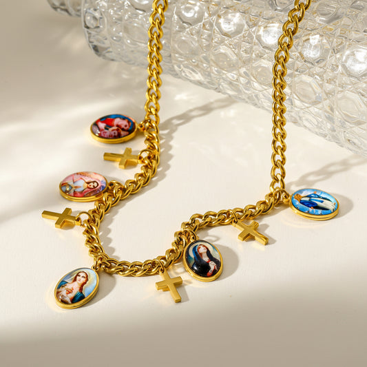 Cadena Religiosa Dorada Multidijes (charms) Virgen María & Topos