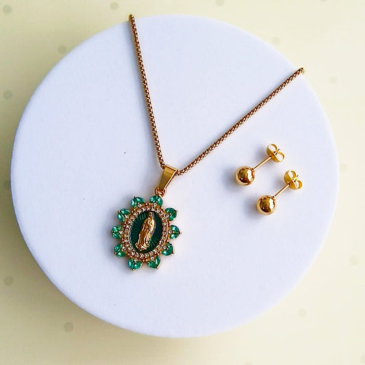Cadena Virgen María Dorada con Circones verde Esmeralda & Topos
