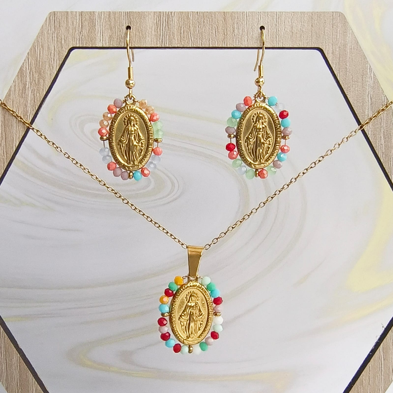 Cadena Virgen María Medalla Milagrosa Dorada Muranos pequeños & Aretes