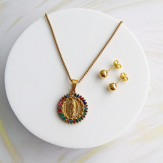 Cadena Virgen Guadalupe Zircones Multicolor & Topos